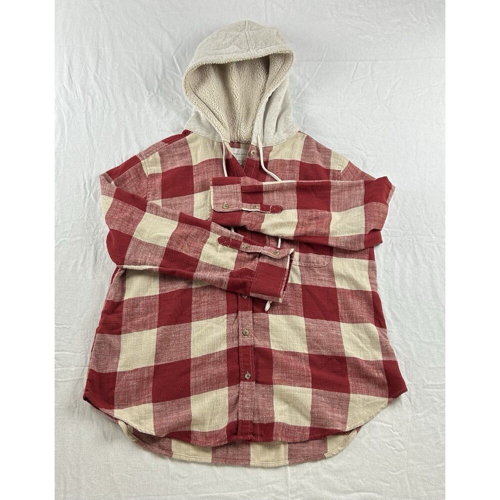 American Eagle Flannel Button Up Sherpa Lined Hood Womens Medium Plaid Soft